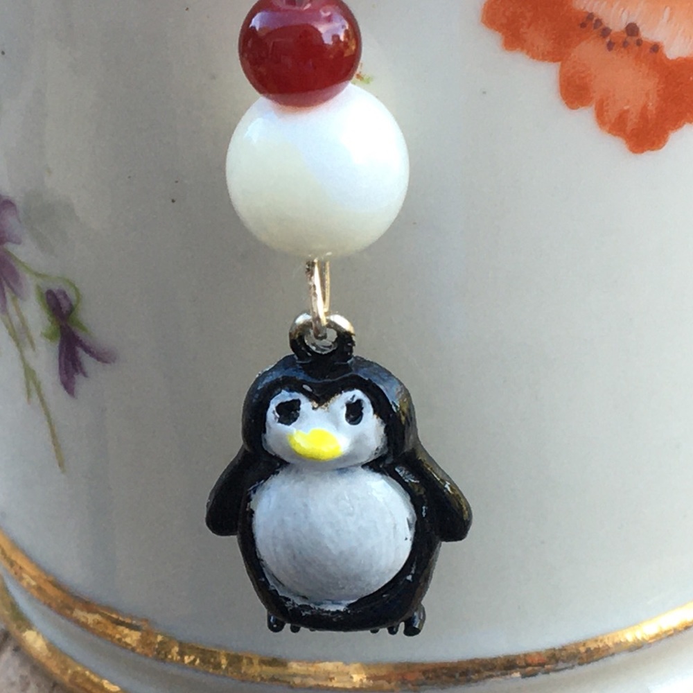 White Mother of Pearl Red Carnelian Penguin Earrings - Picture 6 of 9